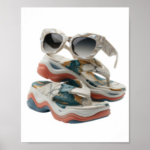 Poster Chaussures et lunettes de soleil en marbre argenté