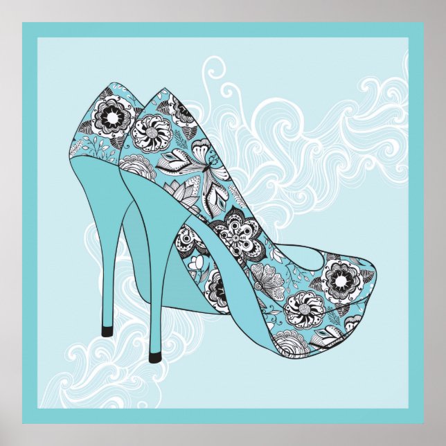 Poster Chaussures Florales Stiletto En Accent Bleu Noir & (Devant)