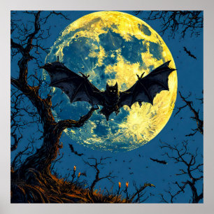 Poster Chauve-souris noire volant sur un ciel éclairé par