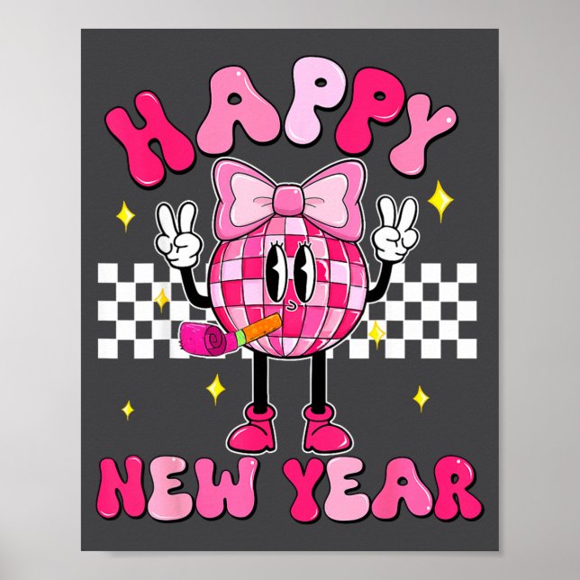 Poster Checkered Happy New Year 2026 Disco Ball New Year  (Devant)
