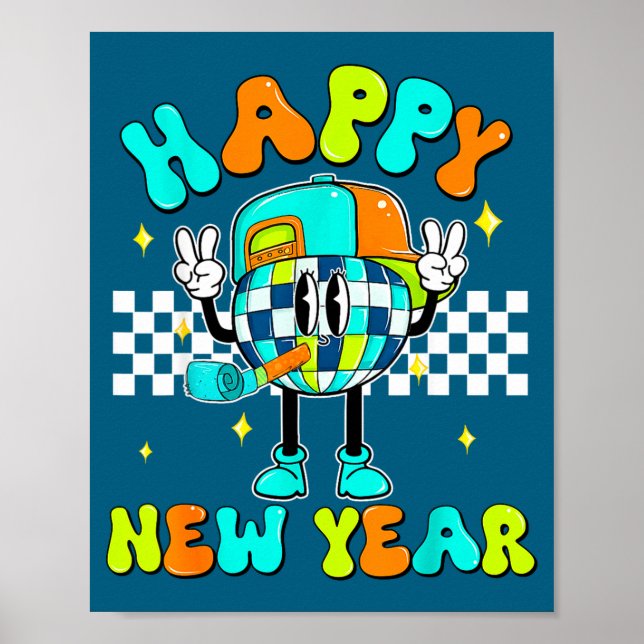 Poster Checkered Happy New Year 2026 Disco Ball New Year  (Devant)