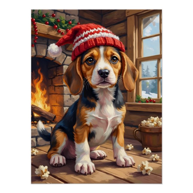 Poster Cheerful Beagle Puppy in Stocking Cap Cozy (Devant)