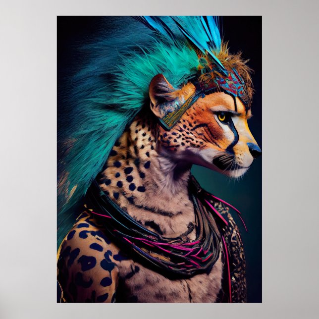 Poster Cheetah Blue Feather Mohawk Weirdcore Rainbow Punk (Devant)