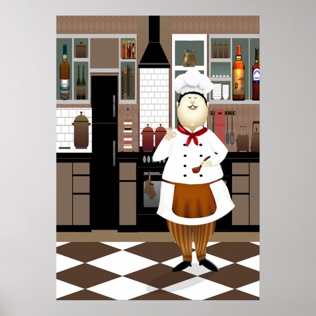 Poster Chef amusant avec grand Casquette en cuisine (Devant)