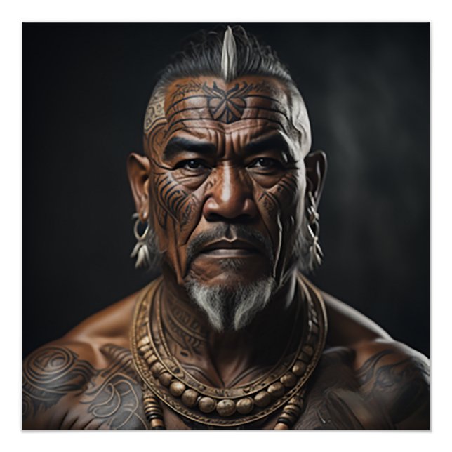Poster Chef guerrier maori avec tatouages faciaux (Devant)