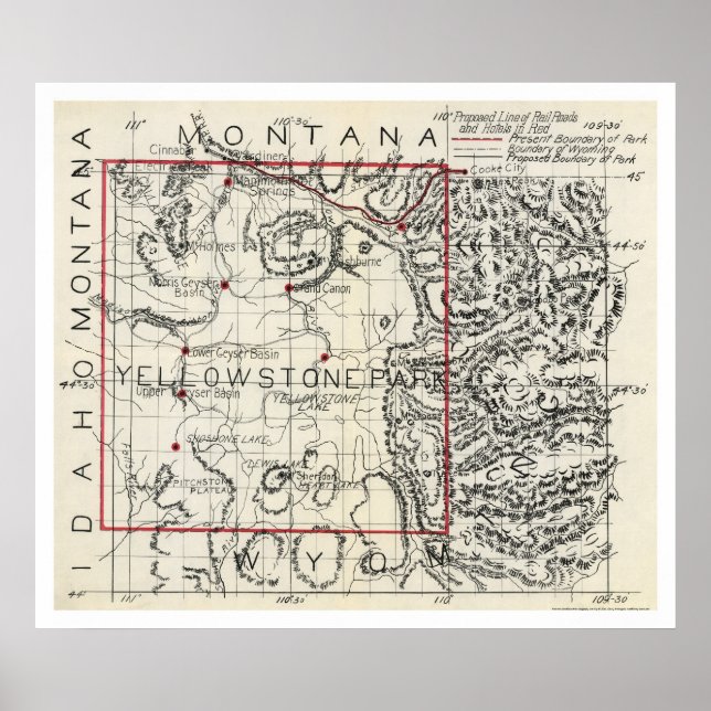 Poster Chemin de fer de Yellowstone et carte d'hôtel 1900 (Devant)