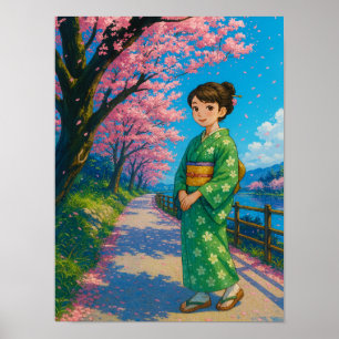 Poster Chemin de fleurs au printemps - Japonais Kimono Gi
