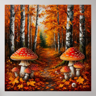 Poster Chemin de forêt automnale entouré de bouleaux