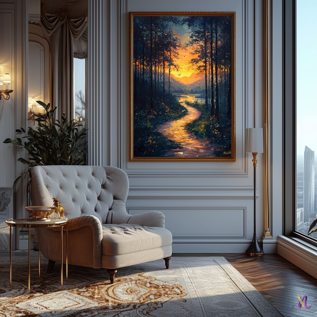 Poster Chemin de la forêt du coucher du soleil dans un st (Créateur téléchargé)