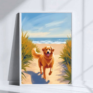 Poster Chemin de plage Golden Retriever   Chien océan ani