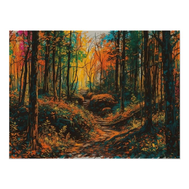 Poster Chemin forestier d'automne avec escaliers Téléchar (Devant)