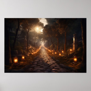 Poster Chemin pavé sinueux à travers les bois au crépuscu