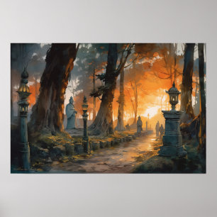 Poster Chemin sinant à travers les bois au crépuscule