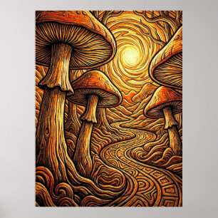 Poster Chemin sombre de la forêt aux champignons dorés lu