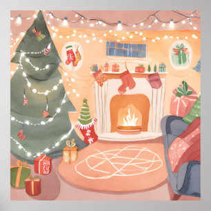 Poster Cheminée de Noël à l'aquarelle
