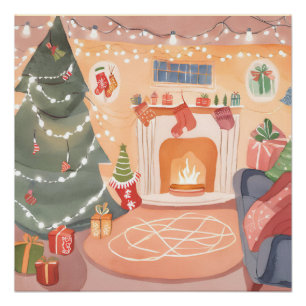 Poster Cheminée de Noël à l'aquarelle