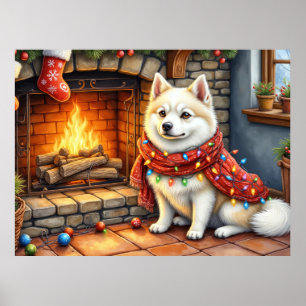 Poster Cheminée Esquisse Américaine avec Lumières de Noël