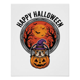 Poster Chemise vintage Bulldog Sorcière Citrouille Joyeux