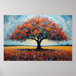 Poster Chêne d'automne vibrant ciel turquoise Art