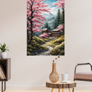 Poster Cherry Blossom, Aquarelle de la forêt japon