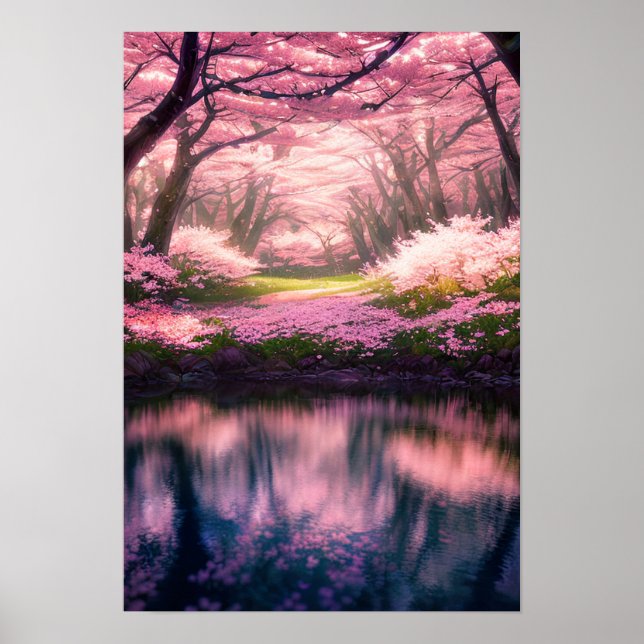Poster Cherry Blossom Dreamscape au bord de la rivière (Devant)