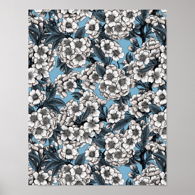 Poster Cherry blossom in white and blue (Devant)