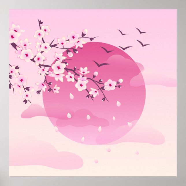 Poster Cherry Blossom Paysage japonais rose (Devant)