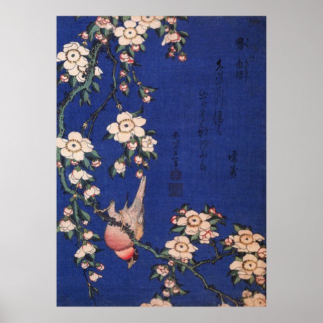 Poster Cherry de pleurs et Bullfinch, Hokusai (Devant)