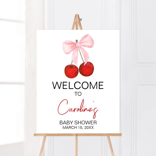 Poster Cherry sur le Baby shower supérieur Accueil (Cherry on Top Pink Bow Baby Shower Welcome Sign)