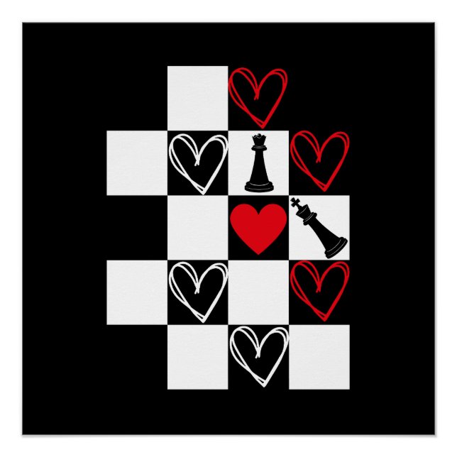 Poster Chessboard Heart Valentines Day B&W (Devant)