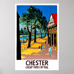 Poster Chester, Angleterre, quai de la ville, gare ferrov