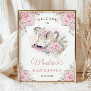 Poster Cheval à Bascule Bébé Fleurs Roses Herbe de la Pam