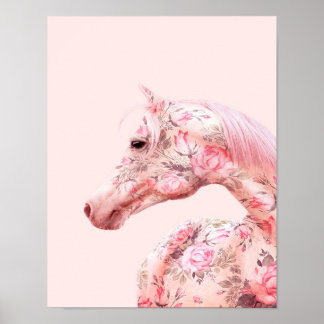 Poster Cheval à cheval à fleurs roses | Oeuvre esthétique