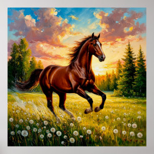 Poster Cheval au galop dans un champ fleuri