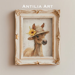 Poster Cheval avec Casquette Floral Rustique ferme animal