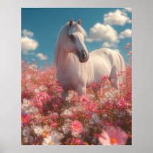 Cheval blanc dans un champ de fleurs