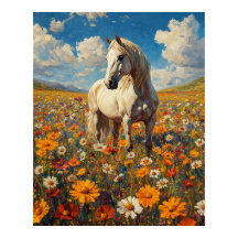Cheval blanc dans une symphonie de fleurs sauvages