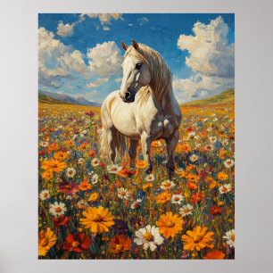 Poster Cheval blanc dans une symphonie de fleurs sauvages