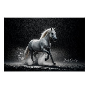 Poster Cheval blanc dramatique galopant sous la pluie
