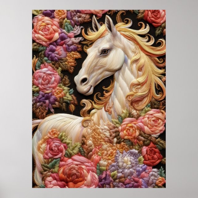 Poster Cheval blanc et broderie 3D Rose (Devant)
