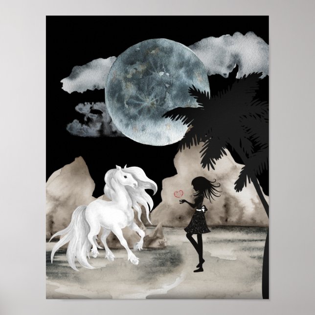 Poster Cheval blanc et fille avec coeur Pleine lune plage (Devant)