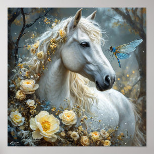 Poster Cheval blanc et fleurs
