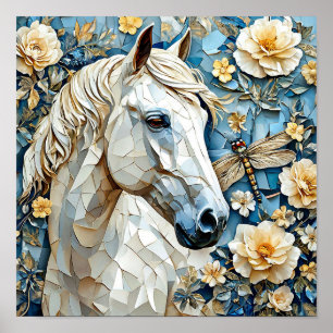 Poster Cheval blanc et fleurs