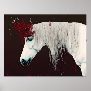 Poster Cheval Blanc Fleurs rouges