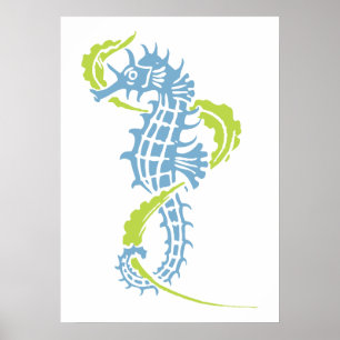 Poster Cheval bleu nuit, vert citron et algues