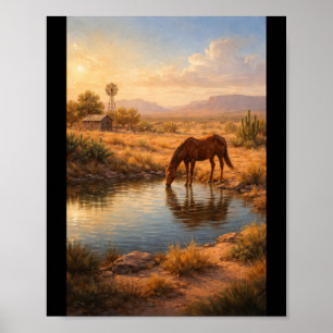 Poster Cheval buvant à un petit étang