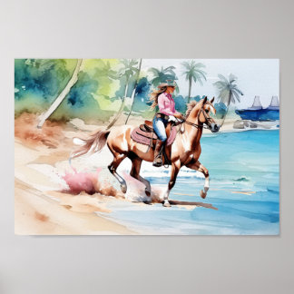 Poster Cheval Coastal Cowgirl's Horse équitation sur l'îl