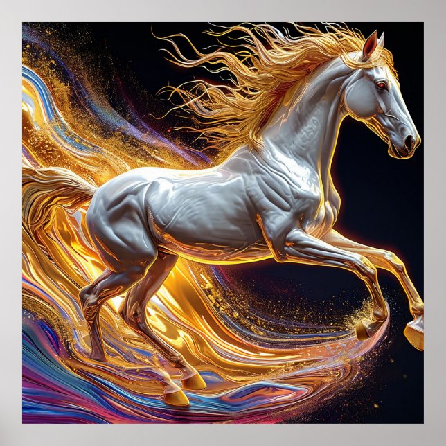 Poster Cheval courant à la crinière dorée fluide (Devant)