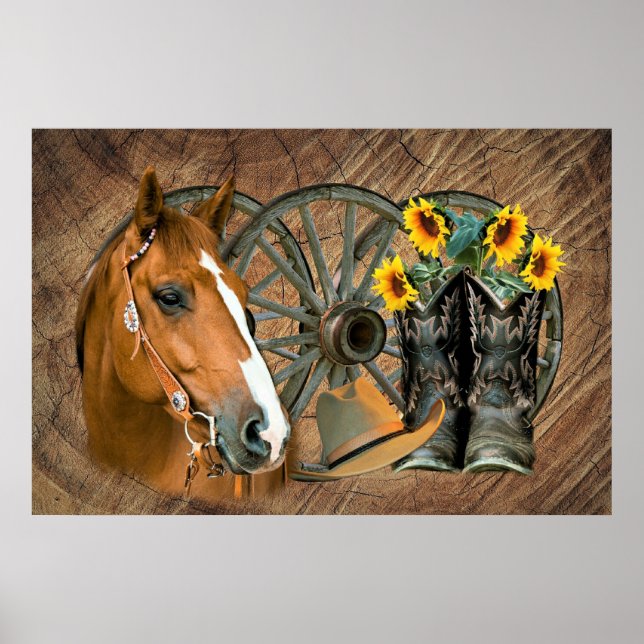 Poster Cheval Cowboy Boots Wagon Wheels Sunflowers Wester (Devant)