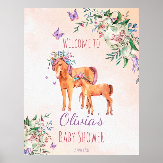 Poster Cheval de bébé rose pastel avec baby shower mère (Devant)